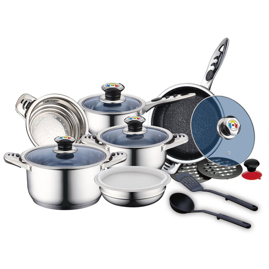 16 PCS Stainless Steel Cookware Set with Blue Glass Lids